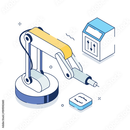 An amazing isometric illustration of Industrial AI Robotic Arm Automation