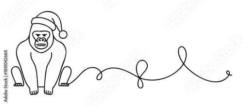 Whimsical Gorilla in Santa Hat Sitting with Curly Ribbon Flowing From Its Hand, Festive Holiday Graphic for Christmas Celebrations and Greeting Cards