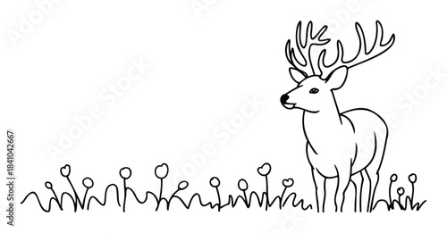 Whimsical line drawing of a majestic buck with large antlers standing in a field of simple flowers, perfect for nature themed projects and natural elements graphics.