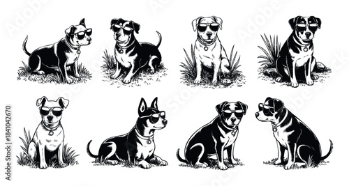 Collection of eight cool dogs wearing sunglasses in various poses on grass perfect for summer marketing and petrelated themes