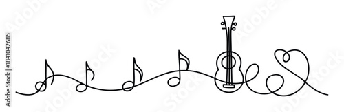 Continuous line drawing of musical notes, a ukulele, and a heart shape, ideal for music celebration, melody, and harmony themes.