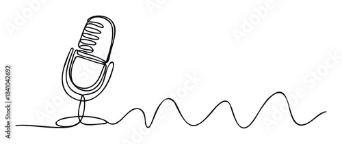 Minimalist line drawing of a vintage microphone with a sound wave emanating from it, perfect for podcasts, music, or audiorelated content needs.
