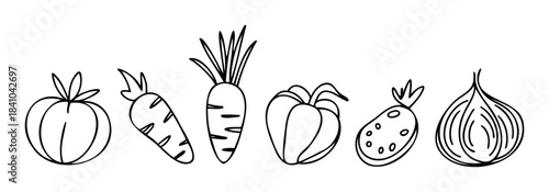Collection of handdrawn vegetable icons featuring tomato, carrot, bell pepper, jalapeno, and onion for healthy eating or cooking themes
