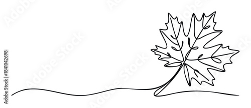 Single line drawing of a maple leaf with flowing stem and wavy ground line representing nature and autumn for seasonal themes and organic concepts.