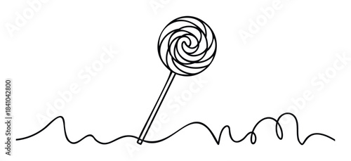 Black line drawing of a swirl lollipop on a stick against a wavy line ground, perfect for sweet treats marketing or candy themes.