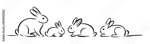 A charming family of line art rabbits in various sizes sitting together, perfect for Easter themes, childrens books, or spring celebrations.