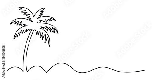 Minimalist black line drawing of a single palm tree with wavy ground line, perfect for tropical vacation themes and beach resort marketing, evoking serenity and escape.