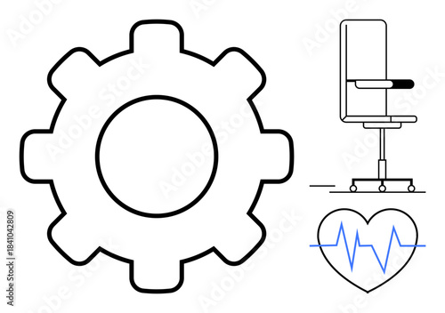 Productivity, workplace health, workflow optimization, ergonomic design, engineering concepts, wellness tracking. Gear icon, office chair heartbeat line. Productivity and workplace health concepts
