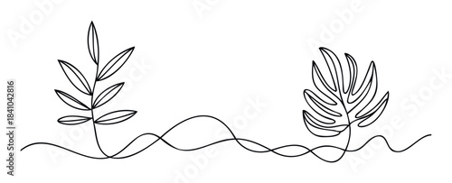Minimalist continuous line drawing of two stylized tropical leaves and flowing organic ground line for modern botanical and nature inspired graphic applications