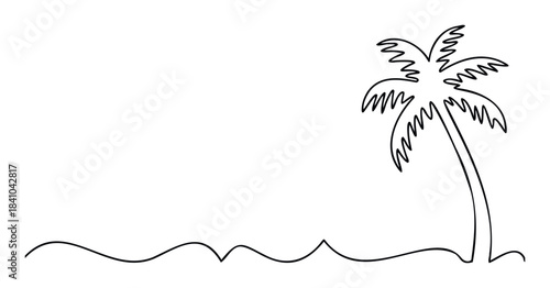 Simple line drawing of a palm tree on a wavy shore, perfect for vacation and travel themed concepts and backgrounds.