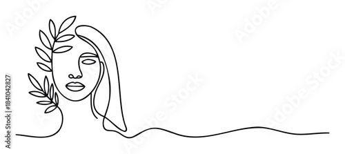 Minimalist line drawing of a womans profile adorned with a laurel branch, conveying grace and organic connection, perfect for beauty and wellness branding.
