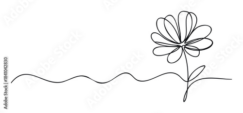 Single continuous line drawing of a delicate flower with wavy ground line, perfect for naturethemed projects, organic branding, and serene design applications.