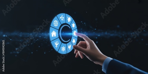 Smart Home Control Interface: A hand delicately interacts with an illuminated interface, activating and controlling a myriad of smart home functions.