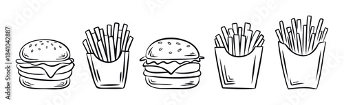 Hand drawn line art of classic hamburgers and french fries for fast food restaurant menus or promotions, perfect for food branding.