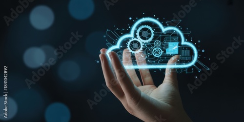 Cloud technology: A digital representation of a cloud being held in a human hand, highlighting the concept of cloud computing and data storage. 