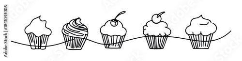 Whimsical line drawing of five different cupcakes arranged horizontally on a flowing wave, perfect for bakery promotions or sweet treat celebrations.