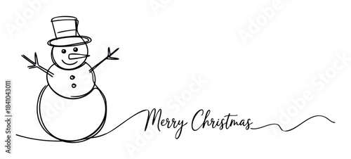 Merry Christmas greeting with simple snowman line drawing and flowing text for festive winter holiday season occasions and celebrations