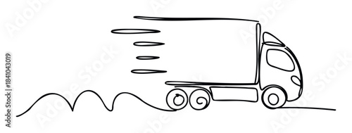 Dynamic continuous line drawing of a fast moving truck conveying goods and logistics services with abstract speed lines for delivery concepts.
