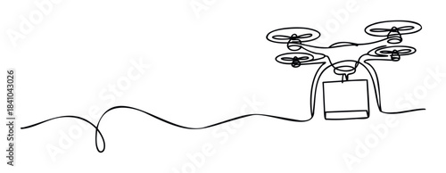 Modern drone delivery concept with a package suspended from a single line drawing, symbolizing futuristic logistics and airborne transport solutions for businesses.