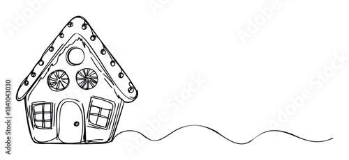 Whimsical sketchy gingerbread house with festive lights and charming windows, perfect for holiday cards and winter party invitations.