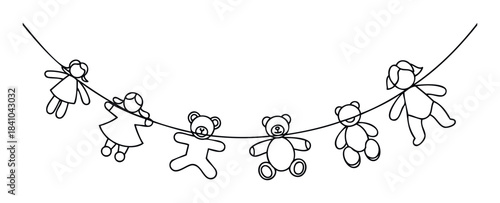 Childrens clothing and teddy bear garland strung on a line for a festive celebration or nursery decoration, perfect for a baby shower invitation or room decor.