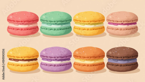 A set of flat colored macaroni cake illustrations on a plain background. 