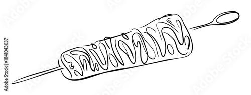 Hand drawn sketchy black and white line graphic of a kebab skewer with meat showing texture and a loop handle, perfect for food menus, culinary websites, and grilling promotions