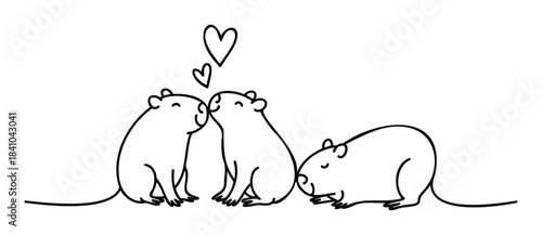 Three cute capybaras in a simple line drawing style, two cuddling with hearts above, perfect for sweet greeting cards or animalthemed designs.