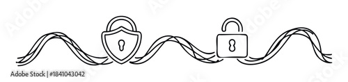 Security and protection symbols including a shield and padlock intertwined with flowing lines suggesting data flow and privacy for digital concepts and online safety.