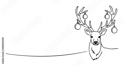 Simple line drawing of a deer with festive ornaments hanging from its antlers, perfect for holiday greetings and winter celebrations.