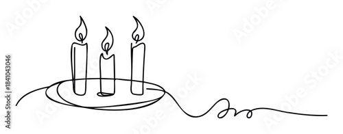 Continuous line drawing of three lit candles on a platter with a flowing wire, perfect for celebratory occasions, party themes, or holiday greetings.