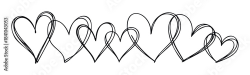 Continuous line drawing of interconnected hearts in a row, symbolizing love and connection, perfect for romantic themes and heartfelt messages on greeting cards and social media.