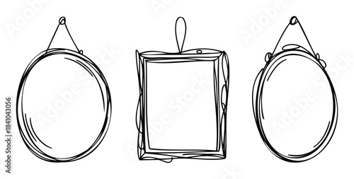Hand drawn frames with string for hanging, including round and square shapes for unique creative display, perfect for scrapbooking or signage projects.