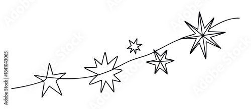 Continuous line drawing of a string of stylized stars and celestial shapes, perfect for festive holiday decorations, celebration announcements, or abstract cosmic themes.