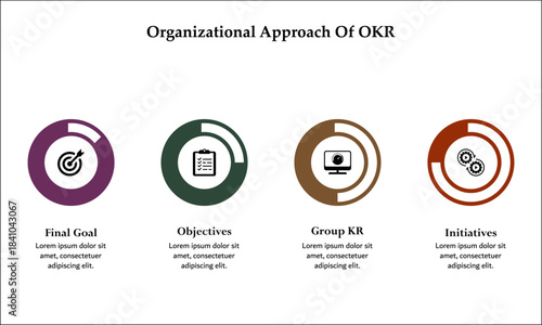 Organizational approach of Objective key results. Infographic template with icons and description placeholder