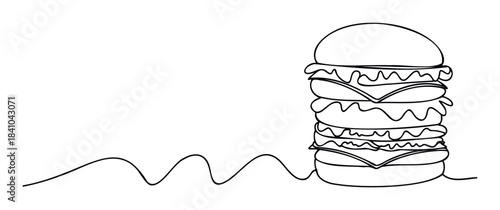 Minimalist single line drawing of a tall stacked hamburger with wavy cheese and bun details, perfect for food service menus or fast food advertising.