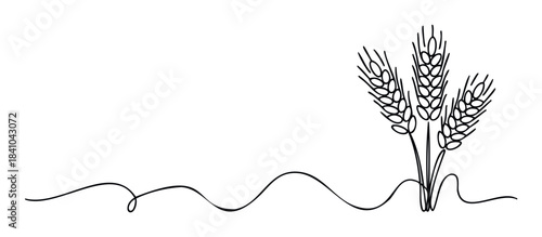 Simple line art drawing of three wheat stalks with a flowing wavy line below, perfect for food industry branding or agricultural themes.