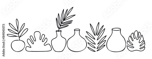 Minimalist outline collection of tropical leaves and vases for modern decor and botanical graphic applications