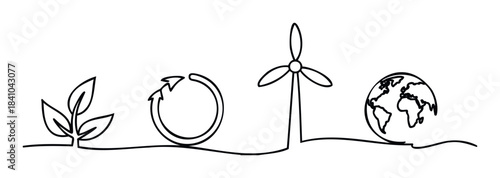Eco friendly concept with plant sprout recycling symbol wind turbine and earth globe for sustainability and green energy use in environmental awareness campaigns and nature conservation