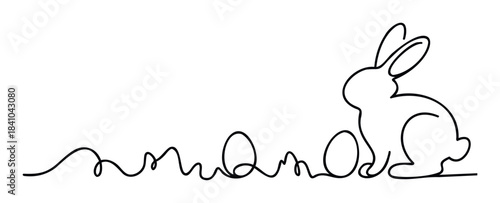 Minimalist outline of a rabbit with Easter eggs in continuous line style, perfect for festive greeting cards and springtime marketing campaigns