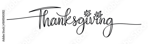 Elegant handwritten calligraphy script for Thanksgiving with decorative autumn leaves, perfect for festive greetings and seasonal celebrations.