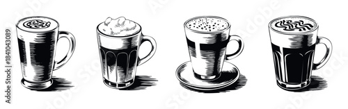 Vintage style line drawings of four different coffee drinks with detailed texture and shading, perfect for cafe menus or beverage advertising.