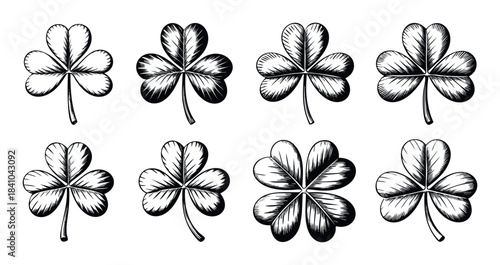 Collection of lucky clover symbols with detailed linework for St Patricks Day and springtime themes, ideal for celebratory and decorative purposes.