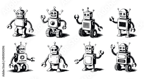 Collection of friendly and cheerful robot characters in a playful ink drawing style, perfect for technology or playful themes