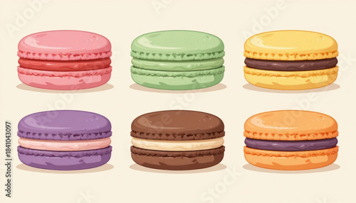 A set of flat colored macaroni cake illustrations on a plain background. 