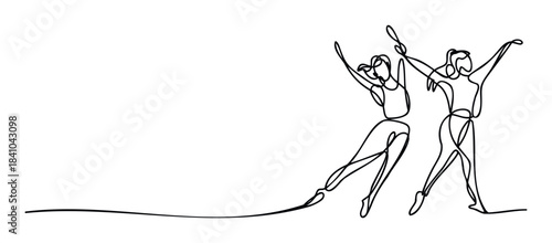 Two dancers perform with dynamic movement and flowing lines, ideal for portraying grace, joy and athletic performance in media projects.