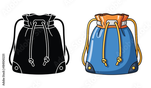 a detailed illustration presents two versions of a drawstring bag one in a monochrome outline and the other fully colored showcasing design variations high quality