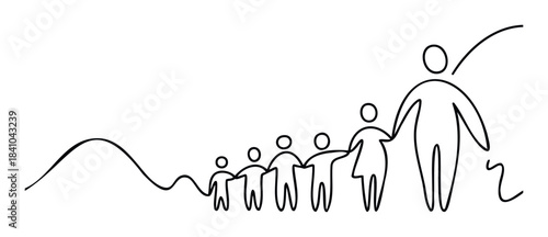 Continuous line drawing of a family unit growing and progressing together, representing unity and support, ideal for social causes and community initiatives.