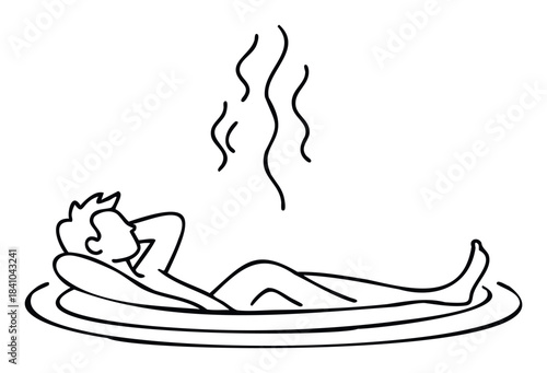 Relaxing man lying on a pool float, steam rising from a hot tub or spa, perfect for wellness and relaxation concepts.