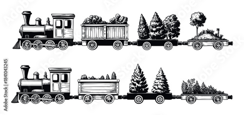 Vintage steam train carrying plants and trees, perfect for nature themes and garden projects, depicted in a charming woodcut style.